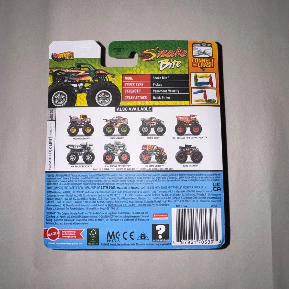 Hot Wheels Monster‎ Trucks Snake Bite Green Die-Cast 1:64 Scale FYJ44 New 2024